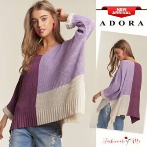 ❤️ADORA Side Slit Color Block Long Sleeves V-Neck Lightweight Sweater | Purple